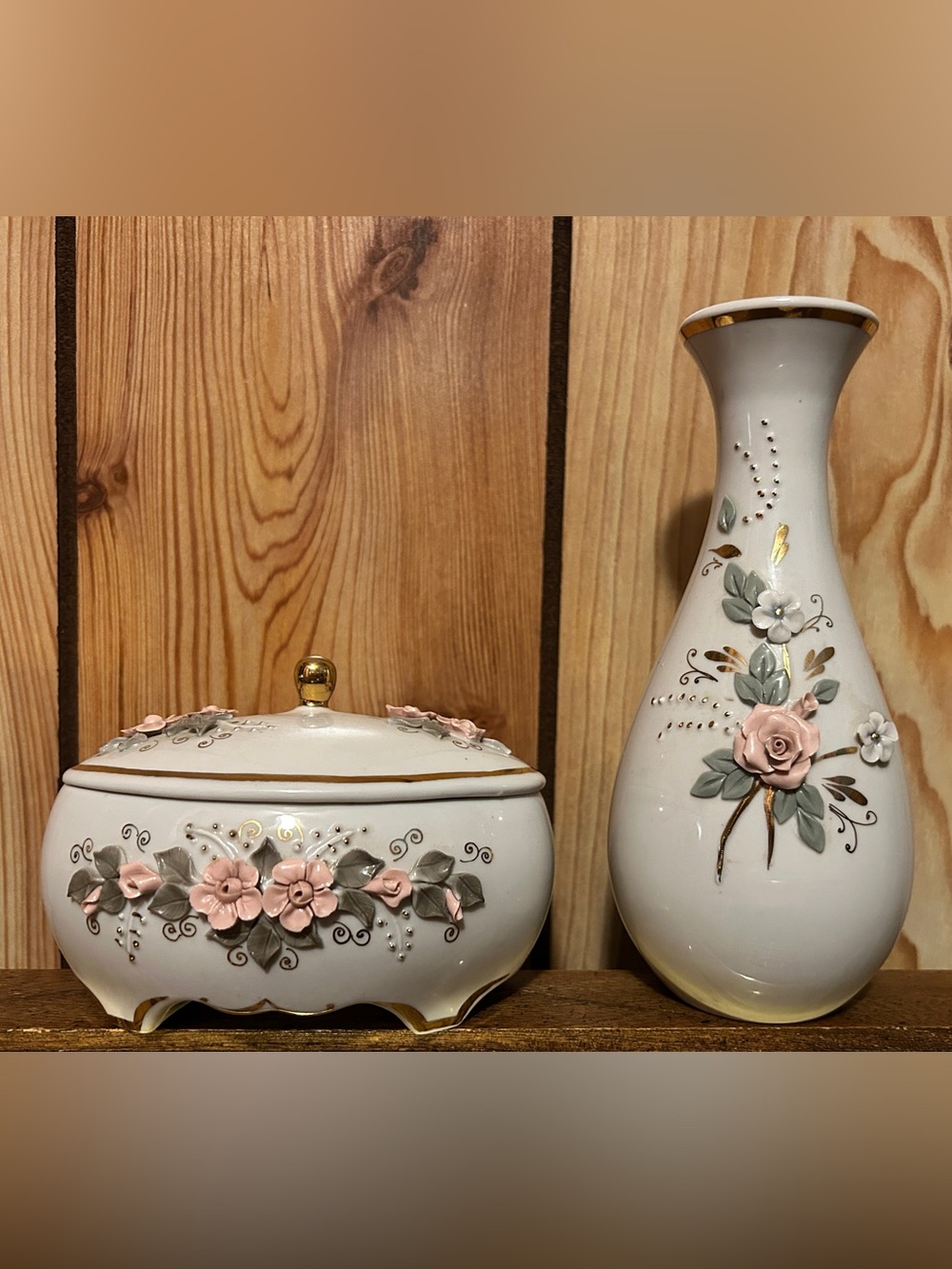 VTG Fine Porcelain 2PC Set Trinket Box & Vase Gold Trim 3D Flowers Design Fenix